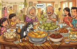 Ilustrasi makan bersama saat Lebaran. (Sumber: Dokumentasi pribadi | Gambar: AI Gemini)