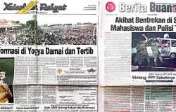 Sejumlah surat kabar menyoroti gelombang demonstrasi pada era Reformasi Mei 1998. (Sumber: Surat kabar Kedaulatan Rakyat dan Berita Buana | Foto: koleksi Kin Sanubary)