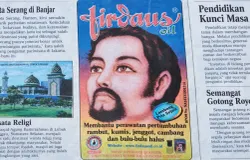 Iklan ikonik era 1990-an yang menawarkan Firdaus Oil, minyak penyubur kumis, jambang, dan janggut. Produk ini dikenal hanya bisa diperoleh di tempat praktik tabib atau toko obat tertentu. (Foto: Kin Sanubary)