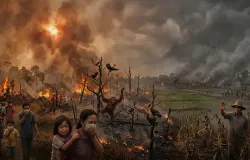 Ilustrasi polusi asap kebakaran. (Sumber: GeminiAi)