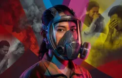 Ilustrasi APD antidebu sekaligus masker dalam satu kesatuan sistem yang disebut Full Face Respirator. (Sumber: dengan Gemini | Foto: Totok Siswantara)