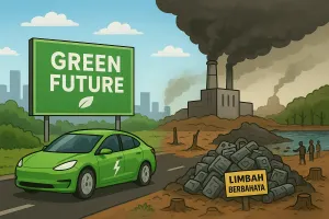 sisi gelap mobil listrik di Indonesia yang masih bergantung batu bara, menimbulkan kerusakan hutan, serta limbah baterai beracun. (Ilustrasi oleh AI)