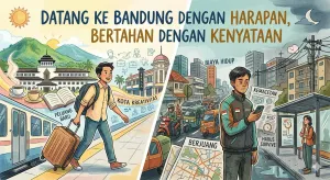 Ilustrasi perantau baru yang penuh semangat dan harapan saat pertama kali tiba di Bandung (kiri), yang kemudian dihadapkan pada kenyataan pahit perjuangan hidup di kota (kanan). (Foto: Gambar dihasilkan oleh Gemini, 2026.)