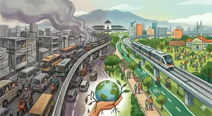 Ilustrasi yang menggambarkan kontradiksi antara transportasi polutif dan transportasi berkelanjutan, dengan fokus pada pelestarian bumi. (Sumber: Google Gemini, 2026)