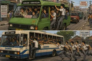 Ilustrasi angkutan kota dan bus DAMRI di tahun 80-an. (Sumber: Ilustrasi gambar hasil dari AI)