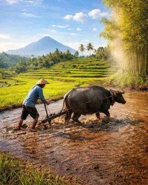 Asyiknya membajak sawah menggunakan kerbau dulu, kini digantikan perannya oleh traktor (Sumber: Instagram @kangnandarvlog)
