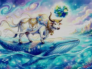 Gambar tafsir baru mitologi gempabumi. Bola bumi berada di ujung tanduk sapi yang berdiri di atas paus. Bila paus dan sapi bergerak, terjadilah gempabumi. (Sumber: Dok. T Bachtiar)
