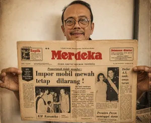 Kin Sanubary memperlihatkan surat kabar Merdeka edisi 3 Juni 1974, sebuah terbitan bersejarah yang kini telah berusia 52 tahun. (Sumber: Koleksi Kin Sanubary)