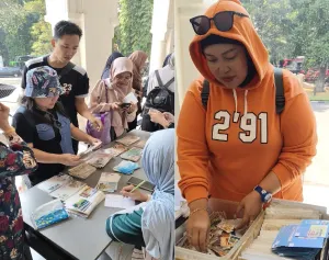 Foto 1 Peserta Komunitas Cerita Bunda Sedang Thrifting Perangko dan Postcard. (Sumber: Pribadi | Foto: Pribadi)