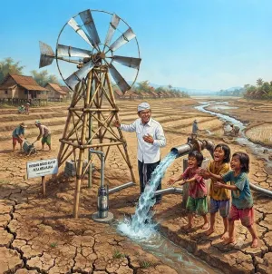 Ilustrasi mengatasi bencana kekeringan dengan teknologi tepat guna (Sumber: Gemini | Foto: gambar: Totok Siswantara)
