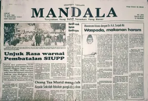 Halaman muka Harian Umum MANDALA memuat berita utama unjuk rasa mahasiswa Bandung warnai pembredelan tiga media cetak ibu kota: Tempo, Editor dan Detik. (Sumber: Koleksi dan foto Kin Sanubary)
