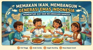 Ilustrasi makan ikan untuk generasi emas Indonesia. (Sumber: Gemini AI | Foto: Gemini AI)