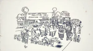 Karikatur klasik yang menggambarkan suasana perayaan Idulfitri 1383 H tahun 1964 di Bandung. (Sumber: Dokumentasi Penulis)