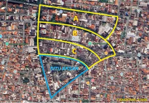 Jalan-jalan yang teratur, diberi warna kuning, di sanalah (A-B-C) dibangun 150 rumah tamanvilla. Situ Aksan menjadi kekuatannya. (Sumber: Sumber citra satelit: Google maps | Foto: T Bachtiar)