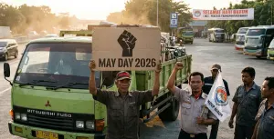 Ilustrasi sejumlah pengemudi truk logistik dan bus sedang memperingati hari buruh 1 Mei. (Sumber: Google Gemini, 2026)
