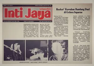 Pentas musik Super Rock ’84 menghiasi halaman surat kabar INTI JAYA edisi Mei 1984, yang kala itu memberitakan gegap gempita konser rock di GOR Saparua Bandung. (Sumber: Dokumentasi Penulis | Foto: Kin Sanubary)