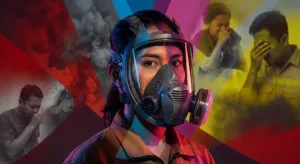 Ilustrasi APD antidebu sekaligus masker dalam satu kesatuan sistem yang disebut Full Face Respirator. (Sumber: dengan Gemini | Foto: Totok Siswantara)