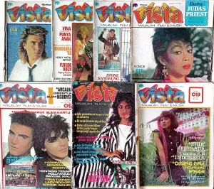 Majalah Vista, salah satu majalah hiburan populer pada era 1980–1990-an. Majalah ini menyajikan beragam informasi seputar musik, film, dan perkembangan dunia hiburan. (Sumber: Koleksi Majalah Vista milik Kin Sanubary)