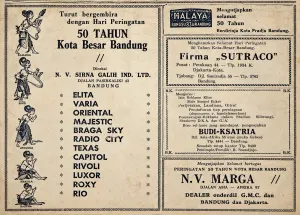 Iklan ucapan selamat hari jadi Kota Bandung dari perusahaan film N.V. Sirna Galih Ind. Ltd.. Iklan tersebut memuat daftar bioskop yang dikelolanya. (Sumber: Dimuat dalam Pikiran Rakjat, 31 Maret 1956 | Foto: Kin Sanubary)