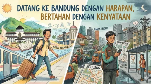 Ilustrasi perantau baru yang penuh semangat dan harapan saat pertama kali tiba di Bandung (kiri), yang kemudian dihadapkan pada kenyataan pahit perjuangan hidup di kota (kanan). (Foto: Gambar dihasilkan oleh Gemini, 2026.)