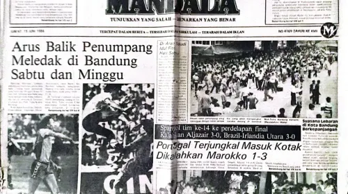 Halaman muka Harian Umum MANDALA Bandung, terbitan 13 Juni 1986, yang menyoroti membludaknya arus balik Lebaran menuju Kota Bandung. (Sumber: Dokumentasi Penulis)