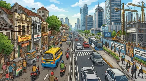 Kontras Bandung lama dan baru, sisi kiri menggambarkan kota yang padat dan klasik, sementara sisi kanan menampilkan bayangan kota modern yang sedang dibangun menuju perubahan. (Sumber: Ilustrasi Dihasilkan oleh Gemini AI)