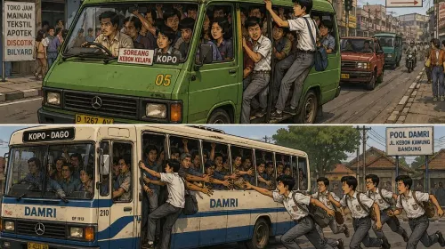 Ilustrasi angkutan kota dan bus DAMRI di tahun 80-an. (Sumber: Ilustrasi gambar hasil dari AI)