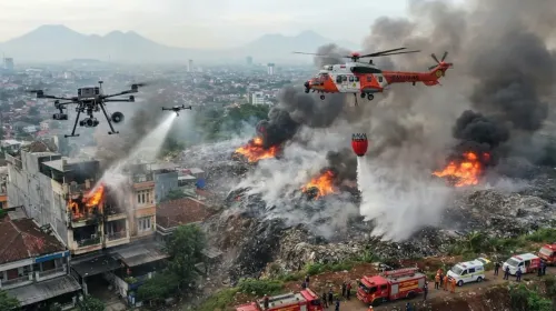 Mitigasi kebakaran hebat di kota Bandung dengan teknologi drone dan bambi bucket (Sumber: digambar dengan bantuan AI | Foto: Totok Siswantara)