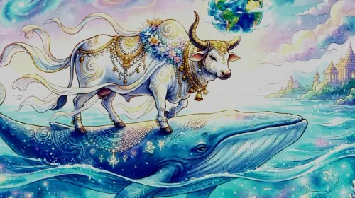 Gambar tafsir baru mitologi gempabumi. Bola bumi berada di ujung tanduk sapi yang berdiri di atas paus. Bila paus dan sapi bergerak, terjadilah gempabumi. (Sumber: Dok. T Bachtiar)