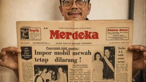 Kin Sanubary memperlihatkan surat kabar Merdeka edisi 3 Juni 1974, sebuah terbitan bersejarah yang kini telah berusia 52 tahun. (Sumber: Koleksi Kin Sanubary)