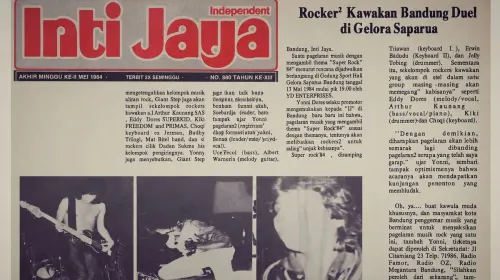 Pentas musik Super Rock ’84 menghiasi halaman surat kabar INTI JAYA edisi Mei 1984, yang kala itu memberitakan gegap gempita konser rock di GOR Saparua Bandung. (Sumber: Dokumentasi Penulis | Foto: Kin Sanubary)