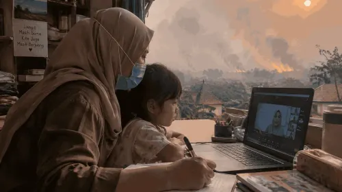 Ilustrasi Perempuan mendampingi anaknya belajar. (Sumber: Generated AI)