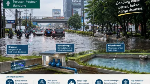 Sistem pencegahan banjir di kota Bandung dengan perbaikan drainase, pompa dan kolam retensi (Sumber: dokpri - dikreasi dengan chatgpt | Foto: Totok Siswantara)