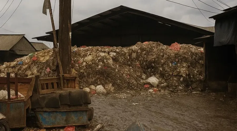 Sampah pasar yang tidak terpilah menumpuk di belakang Pasar Induk Caringin dan mencemari lingkungan pada 4 Desember 2025 (Sumber: Dokumentasi Penulis | Foto: Nadhifa Mudrika)